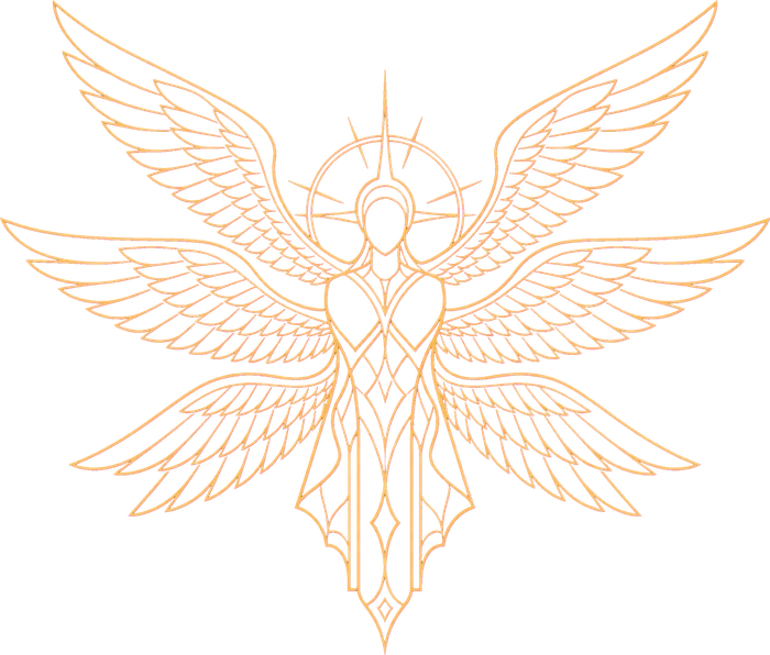 A crest drawn in gold line of a goddess with six wings spread