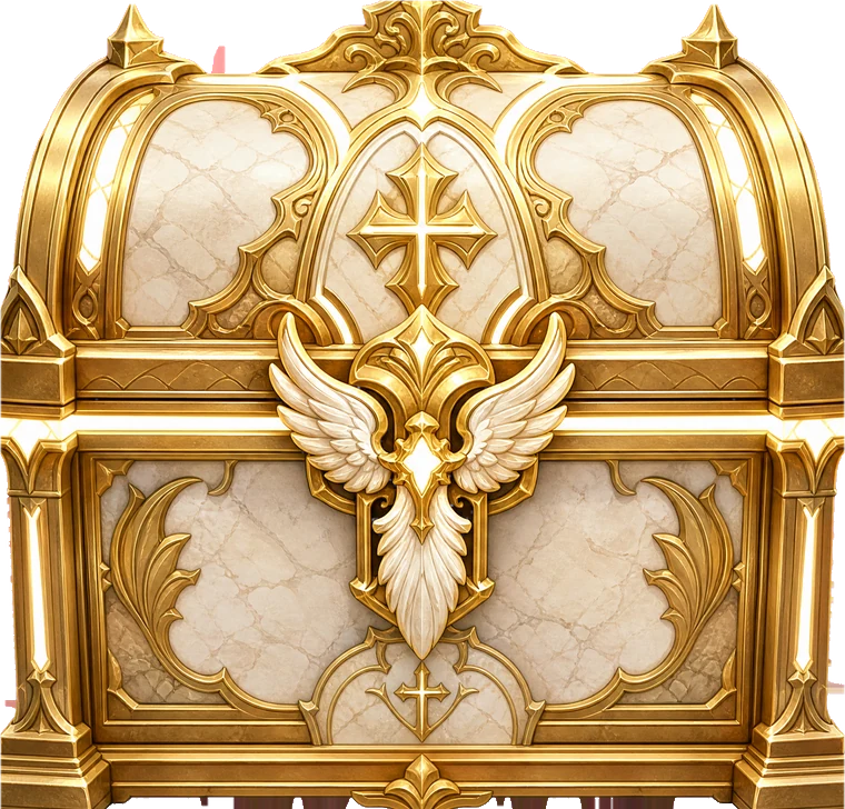 A reliquary of gold and marble — a sealed vessel with winged ornament