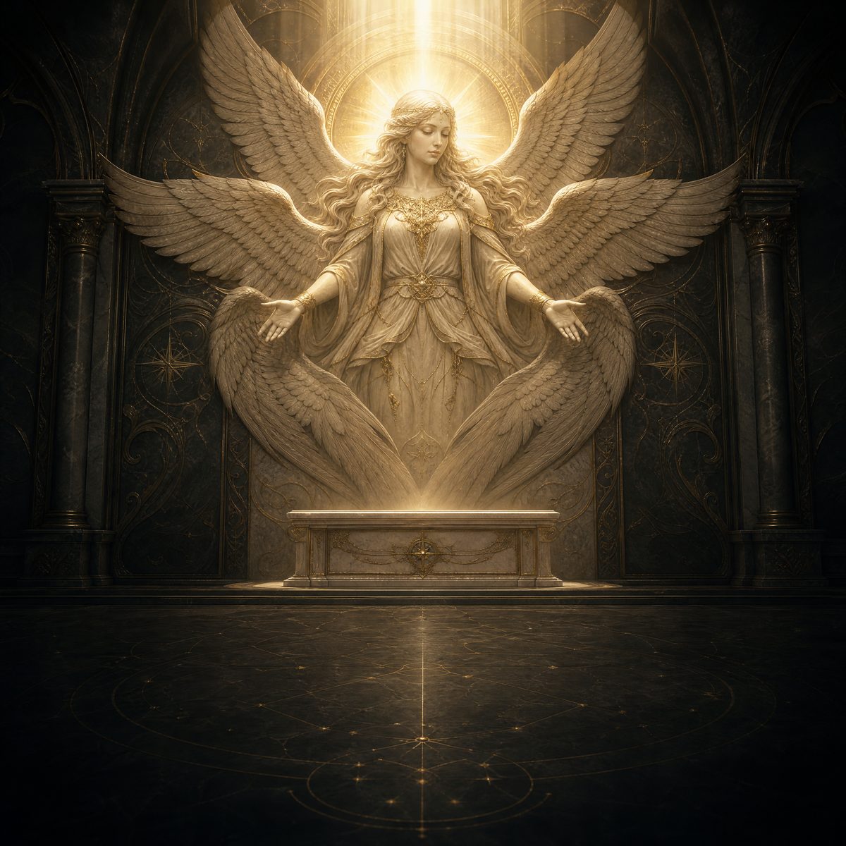 A sanctum where a statue of the goddess Seraphim casts light down over an altar